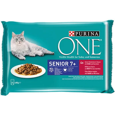 PURINA ONE SENIOR Marhával és Sárgarépával nedves macskaeledel 4x85g