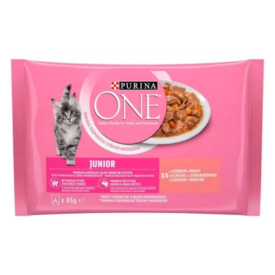 PURINA ONE JUNIOR Lazaccal és Sárgarépával nedves macskaeledel 4x85g