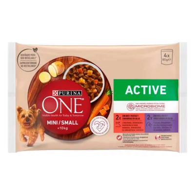 PURINA ONE MINI/SMALL Active Marhával és kacsával nedves kutyaeledel 4x85g