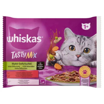 Whiskas TastyMix 1+ - Nedves eledel (marha,baromfi-zöldség,lazac-sárgarépával szószban) macskák rész